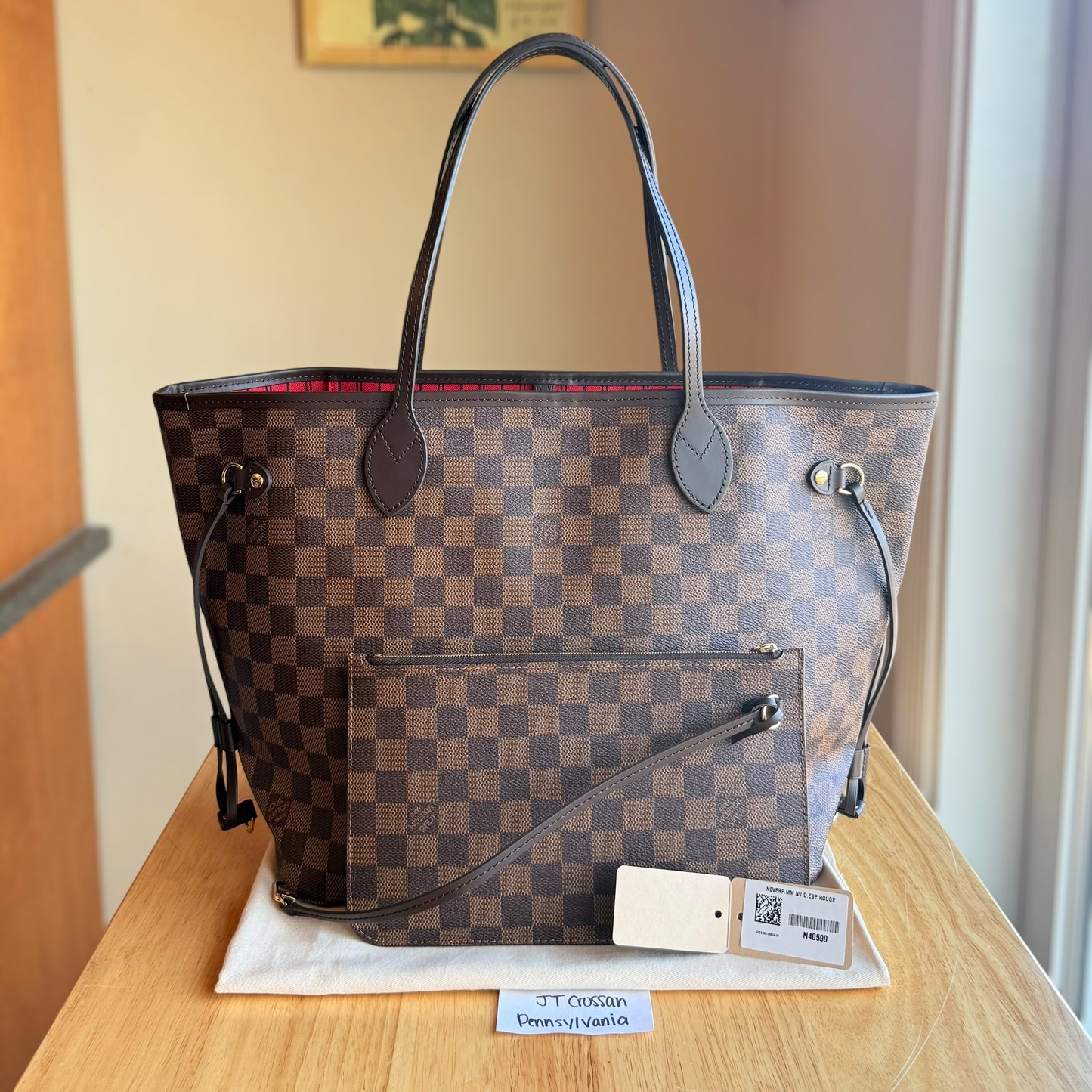 Damier Ebene Neverfull MM Set - Cerise Red Interior (Brand New)